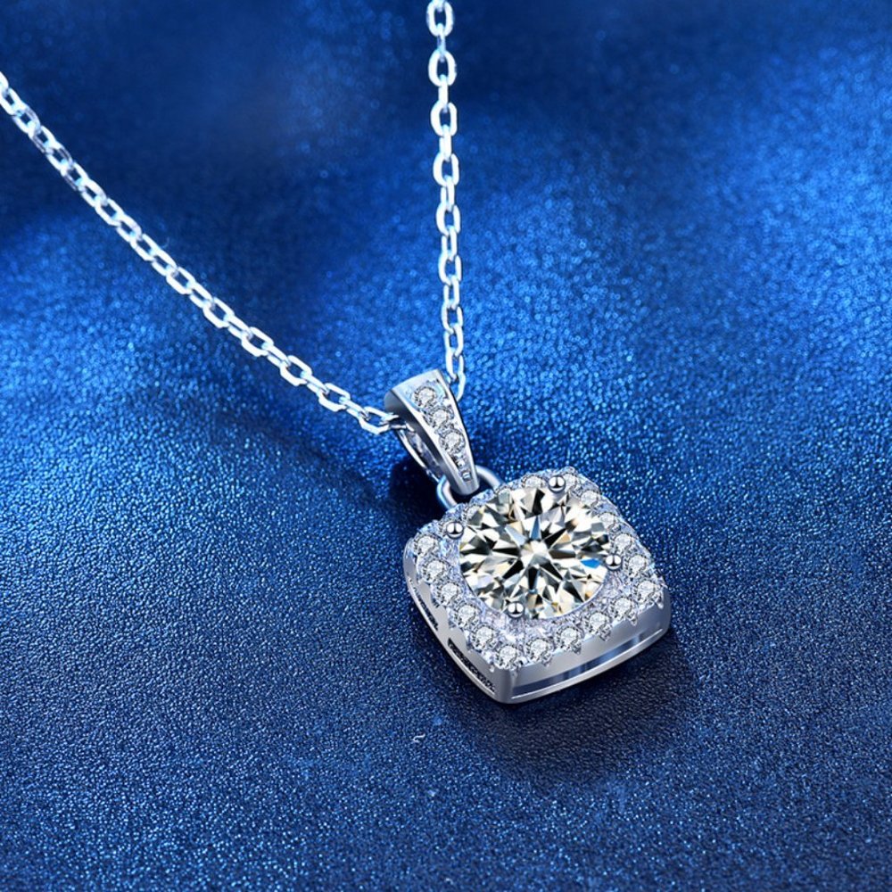 Certified 1ct. t.w. Moissanite Diamond Square Halo Pendant Necklace NEW - Picture 9 of 15